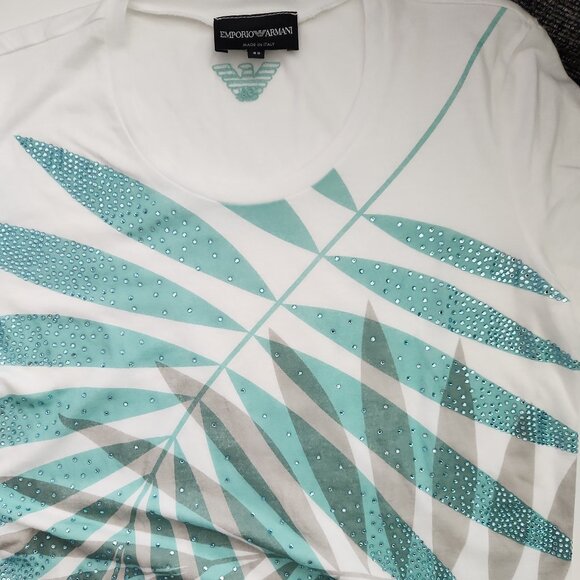 Emporio Armani made Italy 42 / S White Crystal palm leaf print women's t-shirt - Picture 5 of 14